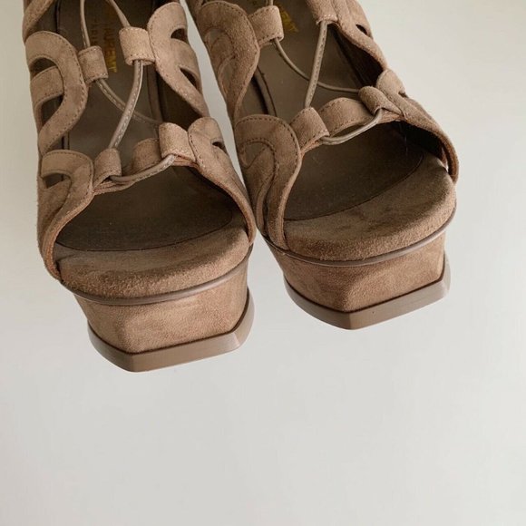 NEW YSL Saint Laurent Tribute Lace Up Platform Sandals in Taupe Suede Size 7 - Picture 4 of 7